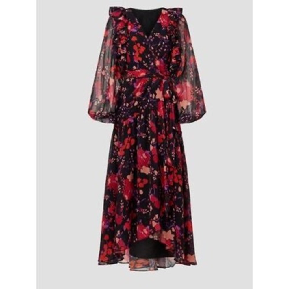 Slate & Willow Floral Wrap Maxi Dress Ruffle V-Neck High Low Long Sleeve XS e5